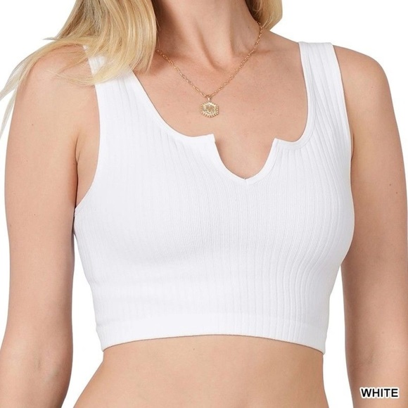 Tops - WHITE -RIBBED SEAMLESS SPLIT NECK CROP TOP